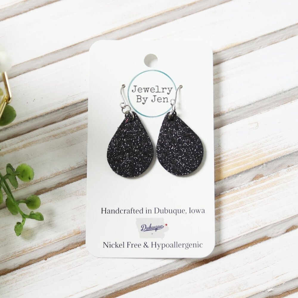 🆕 Beautiful Small Teardrop Earrings: Black Fine Glitter - Jewelry By Jen
